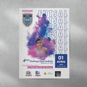 Affiche annonce tournoi foot en salle au profit de l'association le petit monde de manon organisé par les sapeurs pompiers de Saint-Ambroix