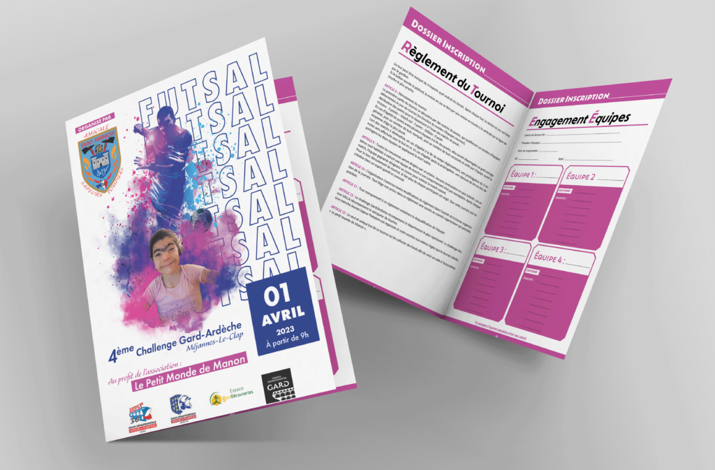1ere de couverture et 2ème et 3ème page du dossier d'inscription des équipes format A4 pour le tournoi futsal au profit de l'association le petit monde de Manon