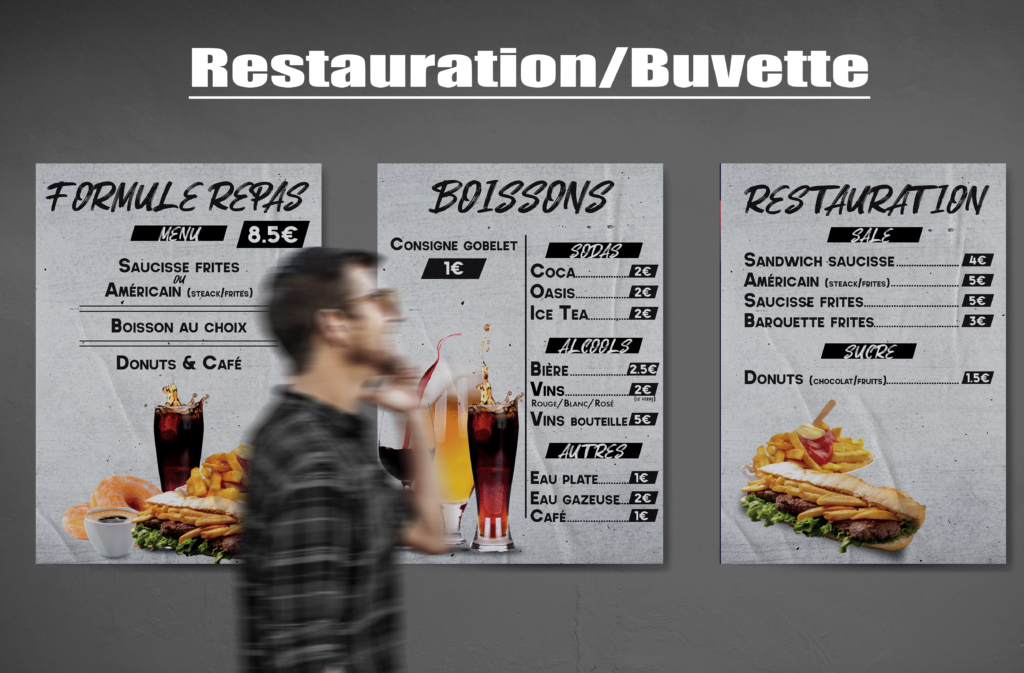 Trois affiches pour les tarifs des boissons, des repas et des formules