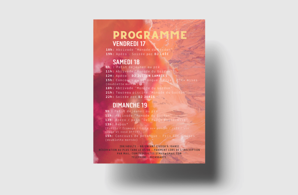 Flyer format A5 verso avec le programme du comité des fêtes de Saint-Maximin pour la fête votive du 17-18-19 juin 2022